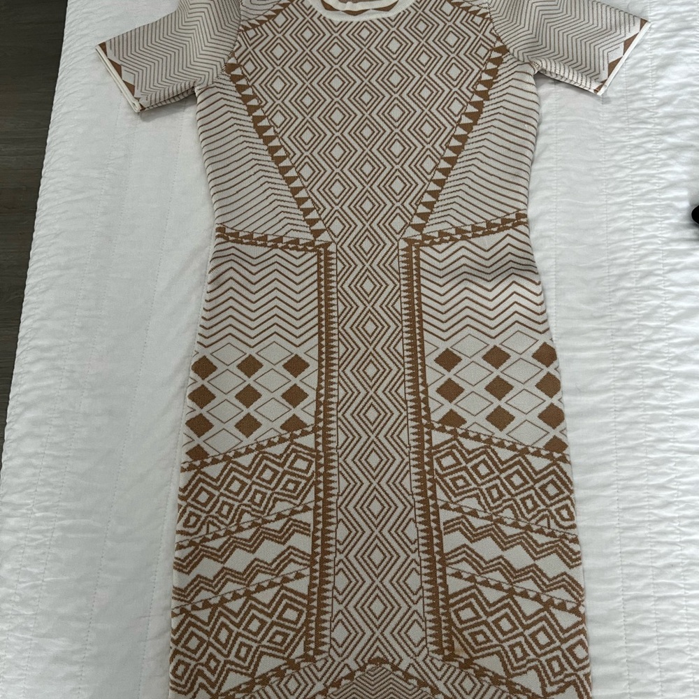 Geometric Patterned Dress - Brown and Cream- Ronny Kobo designer